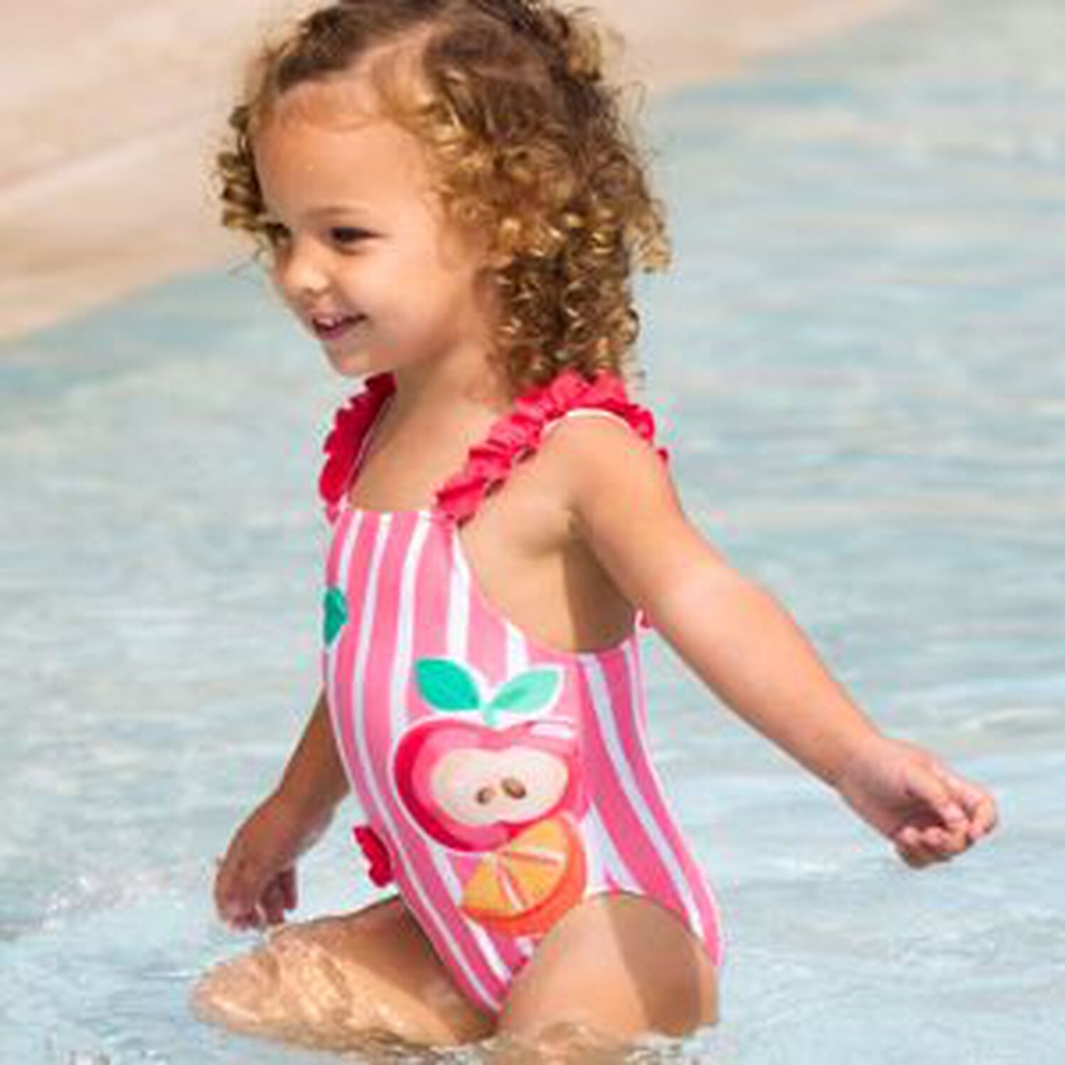 Younger Girls Red Striped Swimsuit, 2, hi-res