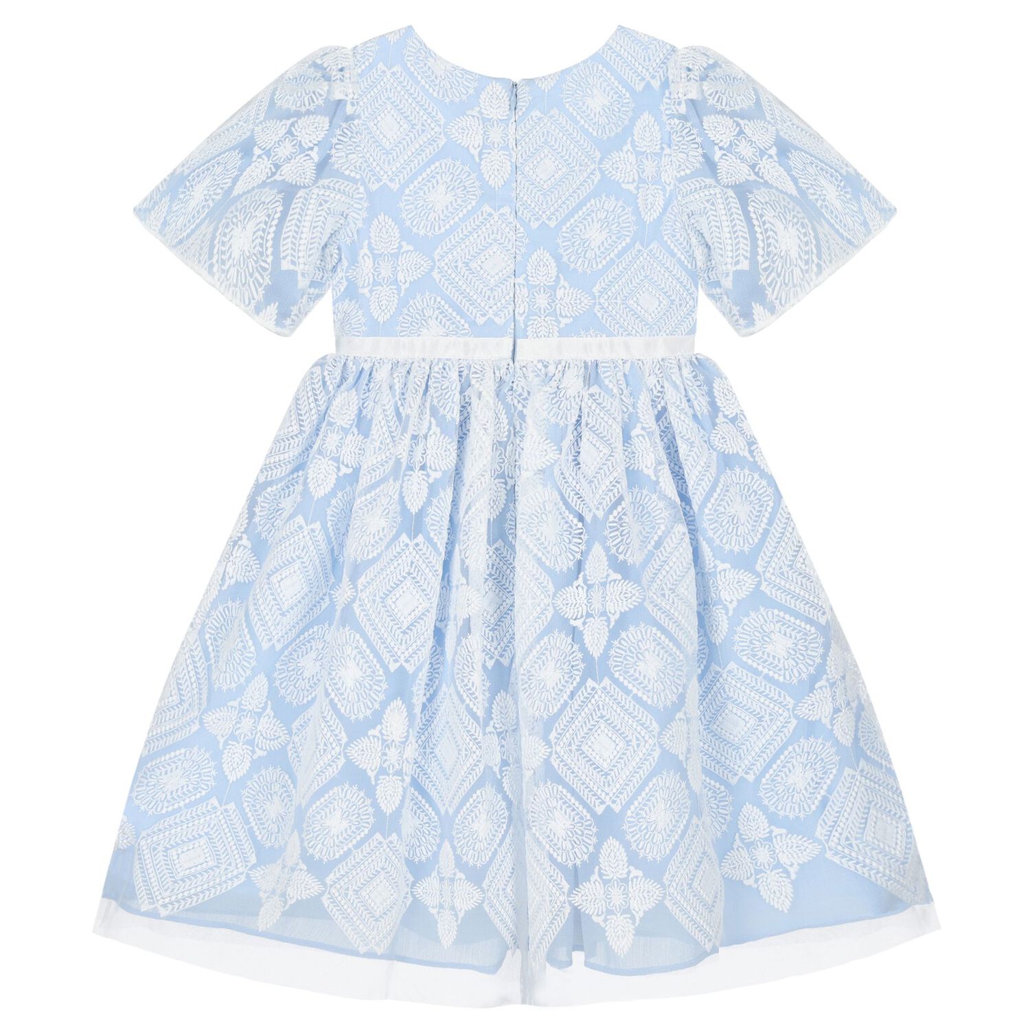 Girls Blue & White Embroidered Tulle Dress, 1, hi-res
