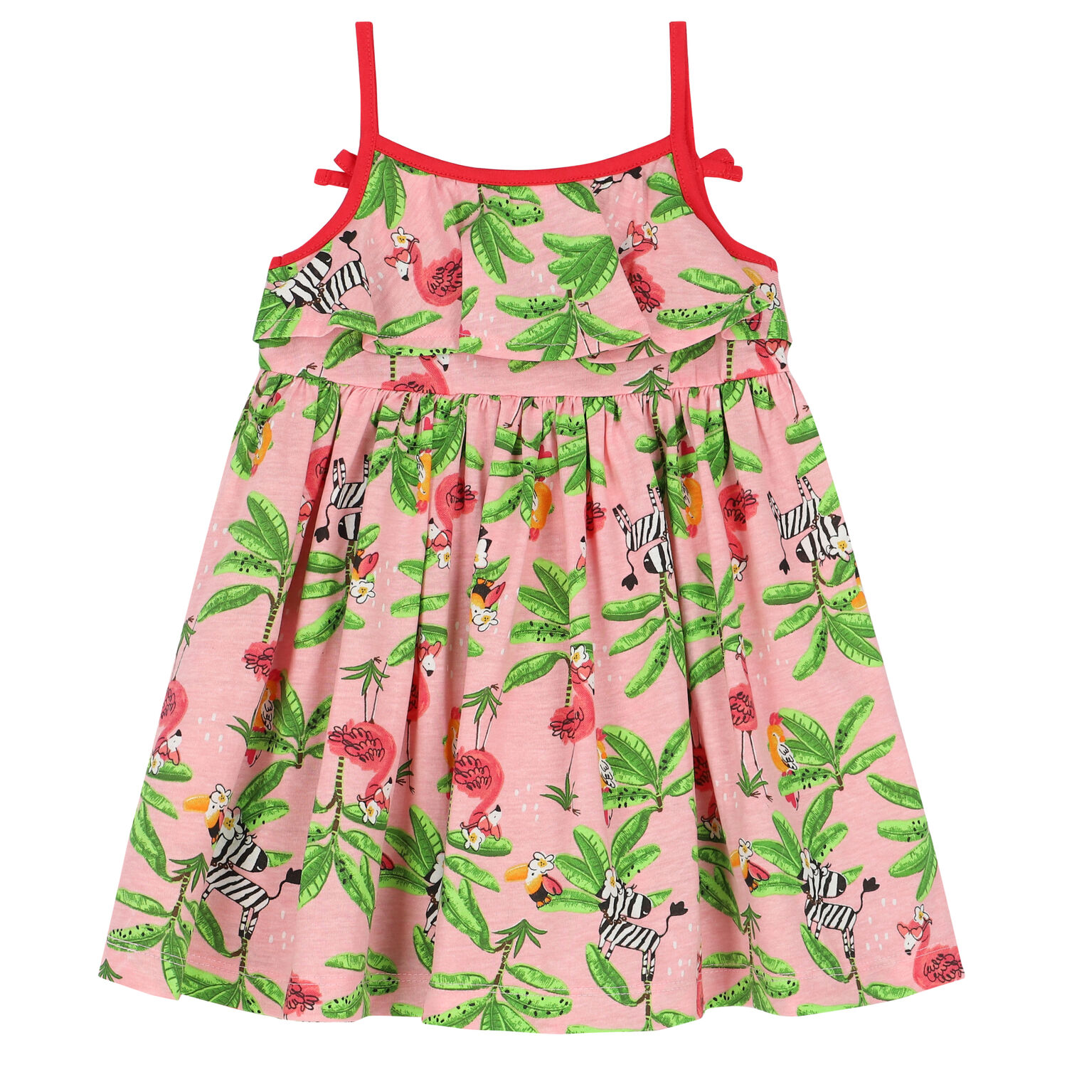 Younger Girls Pink & Green Flamingo Dress, 1, hi-res