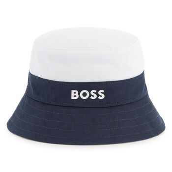 Baby Boys White, Navy Blue & Blue Logo Reversible Hat