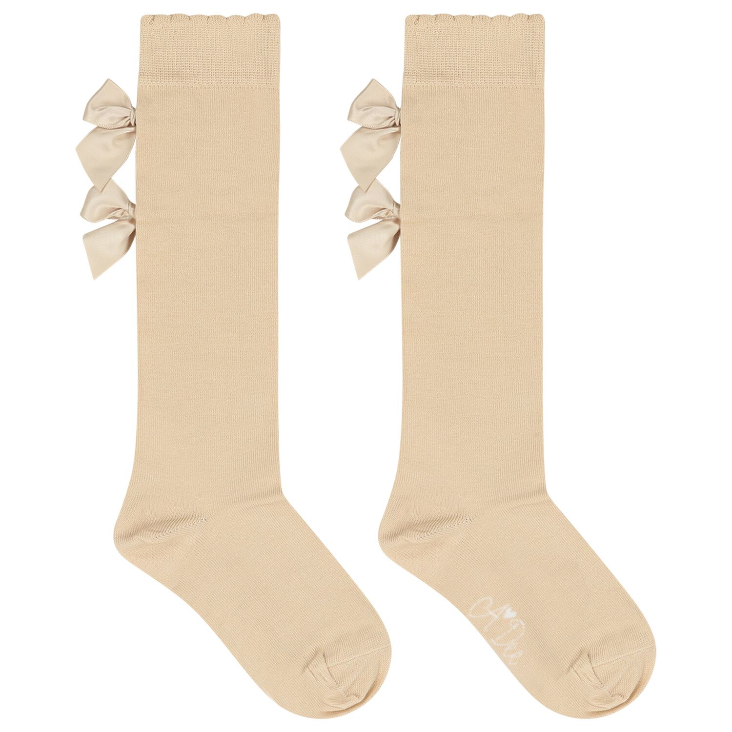 Girls Beige & Gold Bow Knee High Socks, 1, hi-res
