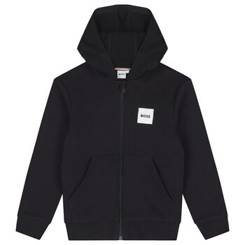 Boys Black Logo Hooded Zip Up Top