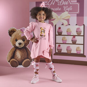 Girls Pink Logo Teddy Bear Sweatshirt Dress