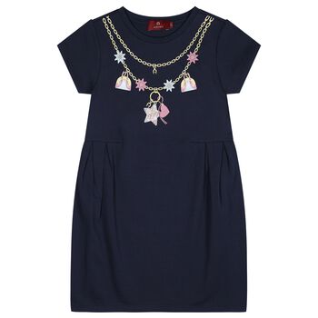 Girls Navy Blue Necklace Logo Dress