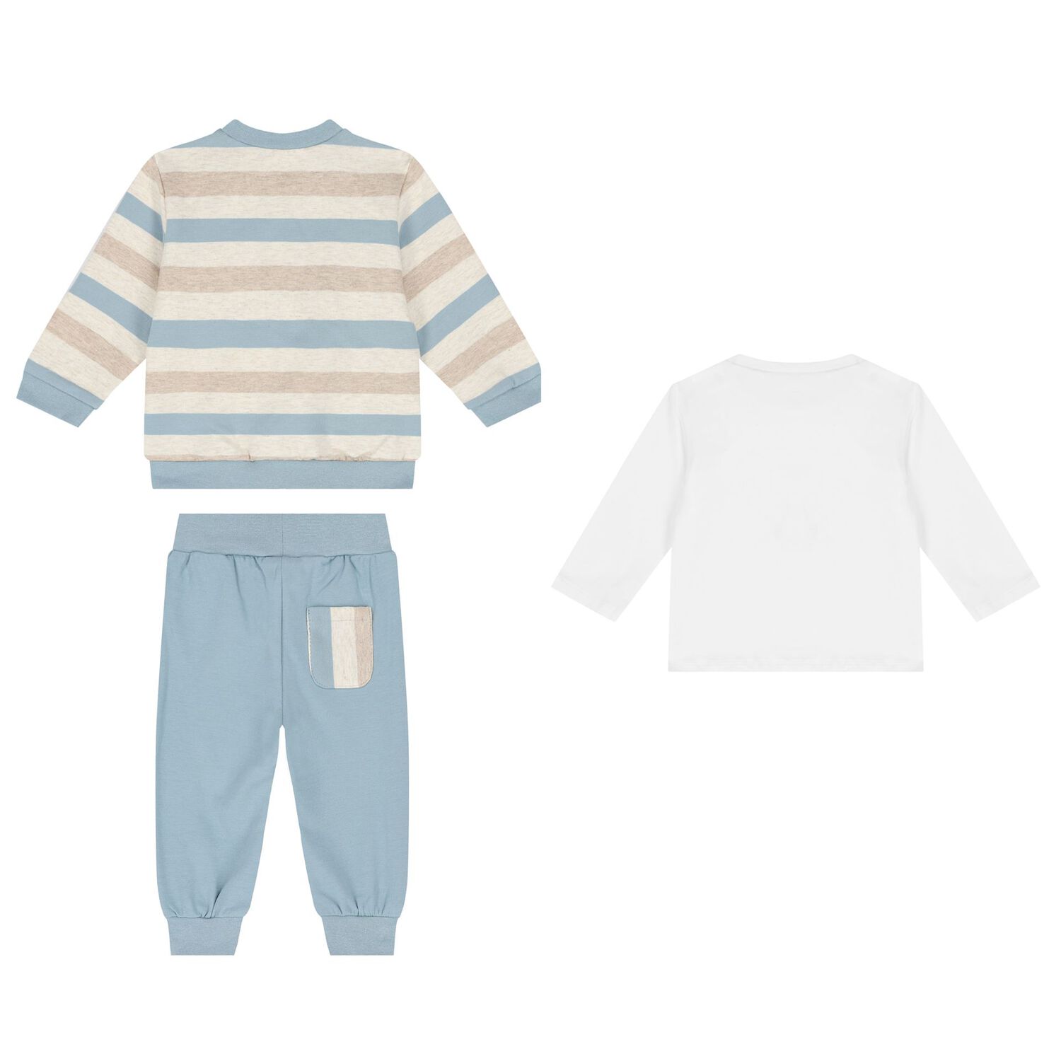 Baby Boys Beige, White & Blue Tracksuit (3 Piece), 1, hi-res