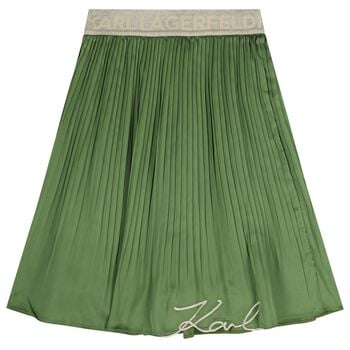 Girls Green Logo Pleated Skirt