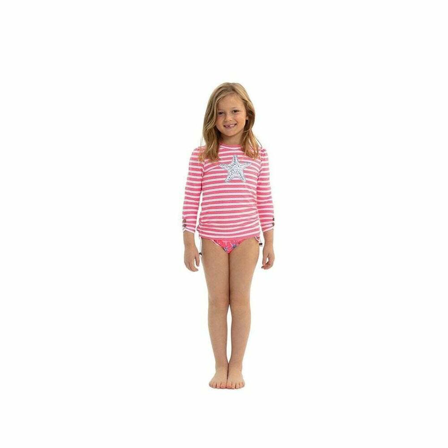 Girls Neon Pink Starfish Long Sleeve Rash Vest, 1, hi-res