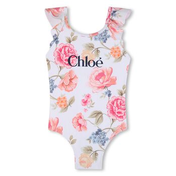 Girls White Floral Logo Swimsuit