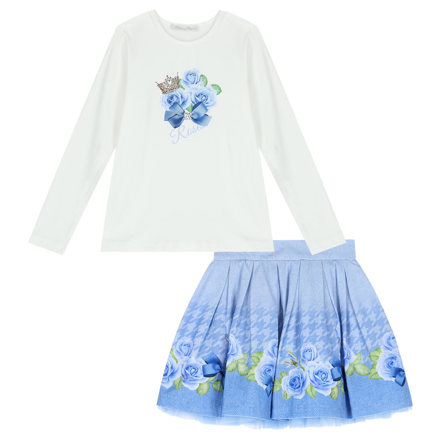 Girls White & Blue Floral Skirt Set, 1, hi-res image number null
