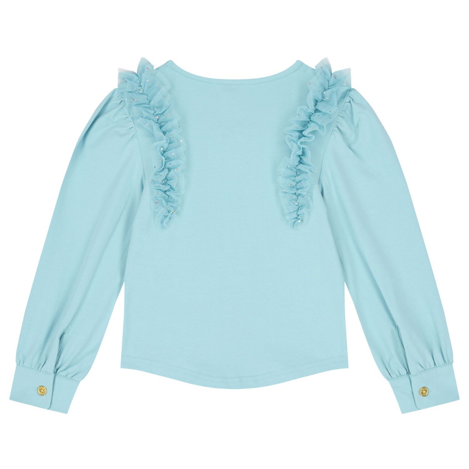 Girls Blue Ruffled Tulle Long Sleeve Top, 1, hi-res