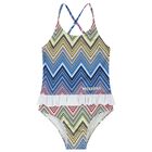 Girls Blue & White Zigzag logo Swimsuit, 1, hi-res