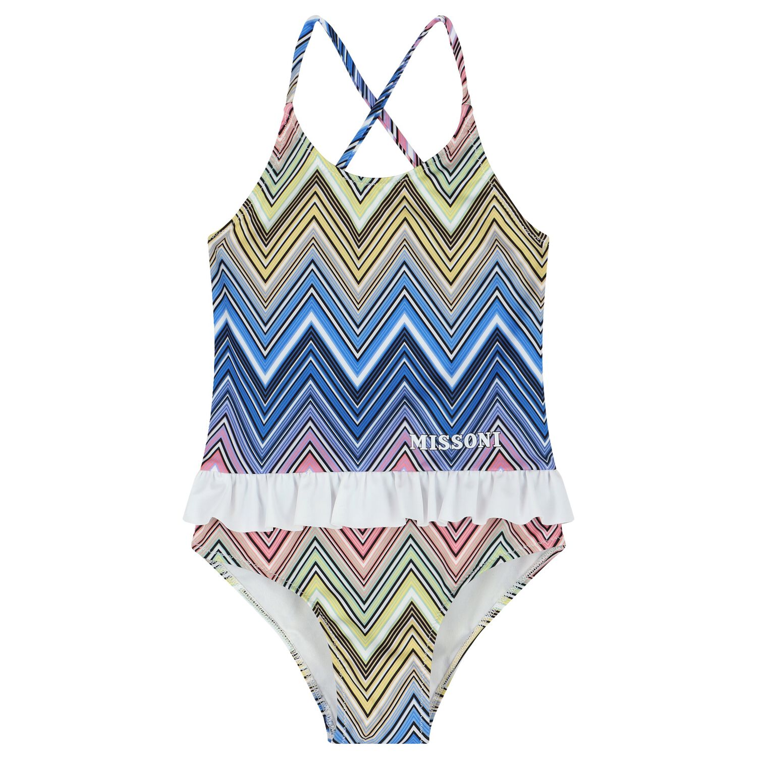 Girls Blue & White Zigzag logo Swimsuit, 1, hi-res