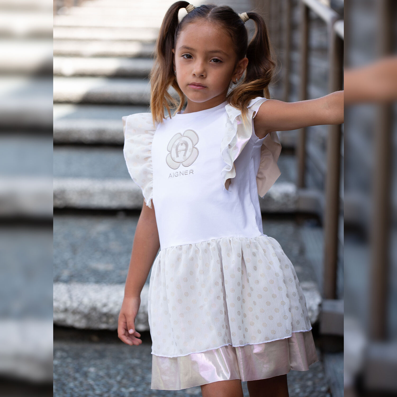 Girls White & Gold Logo Dress, 1, hi-res