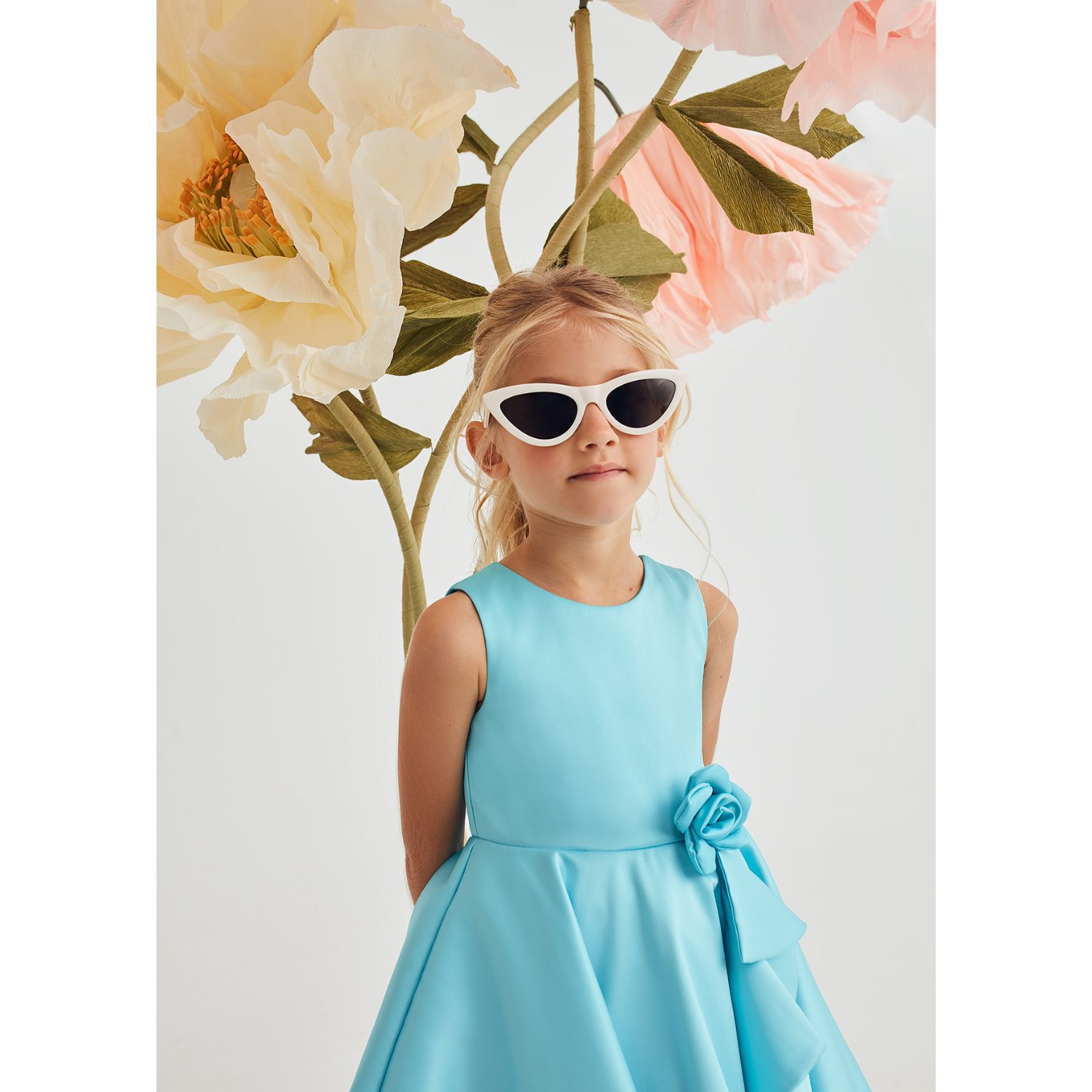 Girls Blue Flower Satin Dress, 1, hi-res