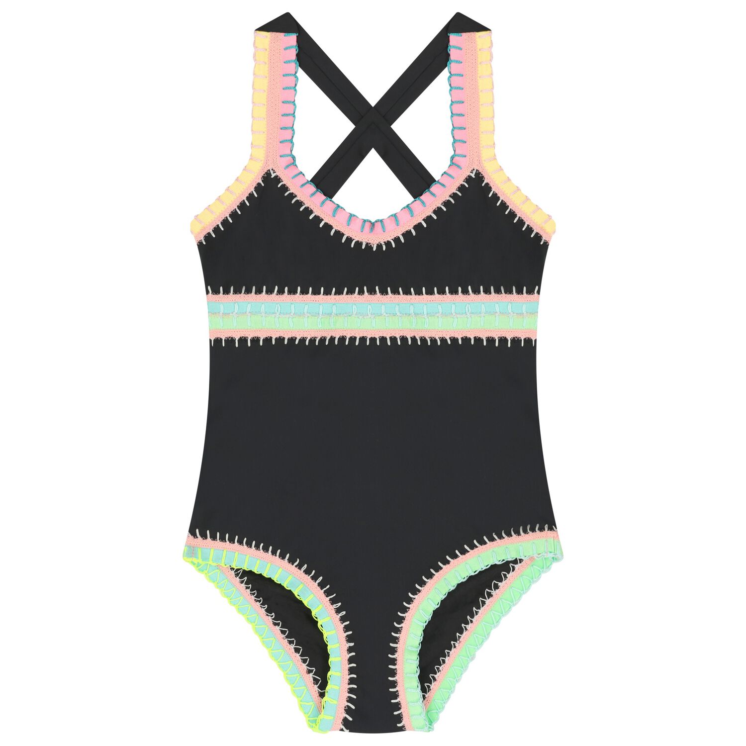 Girls Black Embroidered Swimsuit, 1, hi-res