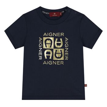 Younger Boys Navy Blue & Gold Logo T-Shirt
