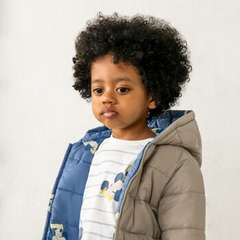Younger Boys Beige & Blue Race Car Reversible Puffer Jacket