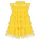 Girls Yellow Embellished Tiered Tulle Dress, 3, hi-res