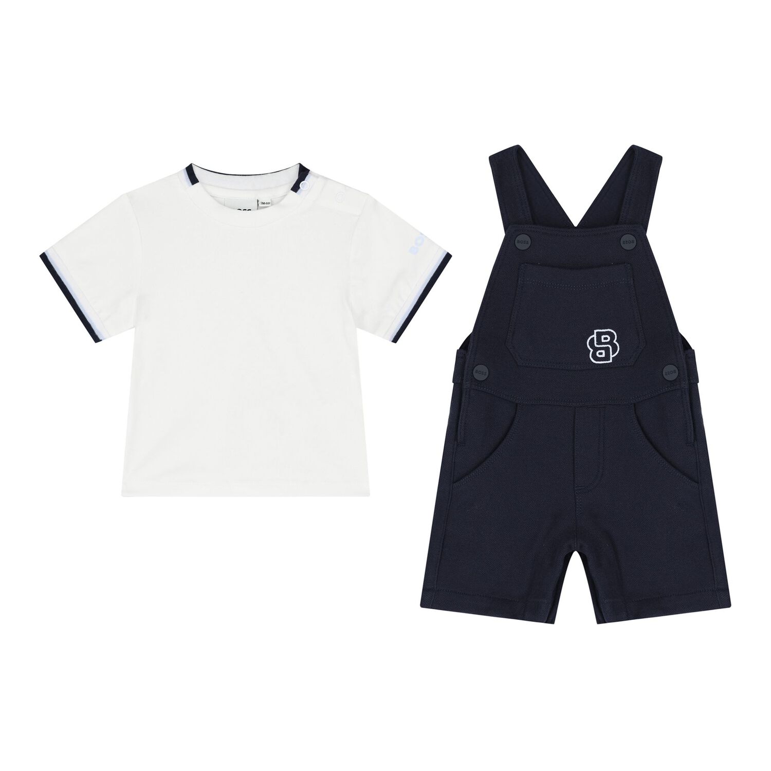Baby Boys White & Navy Blue Logo Dungaree Set, 1, hi-res image number null