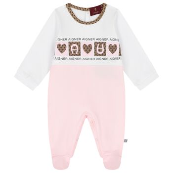 Baby Girls White & Pink Logo Babygrow