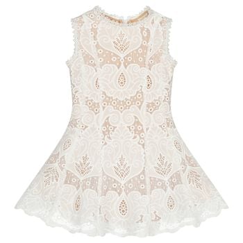Girls White & Beige Lace Dress