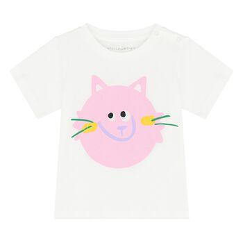 Younger Girls White & Pink Cat T-Shirt