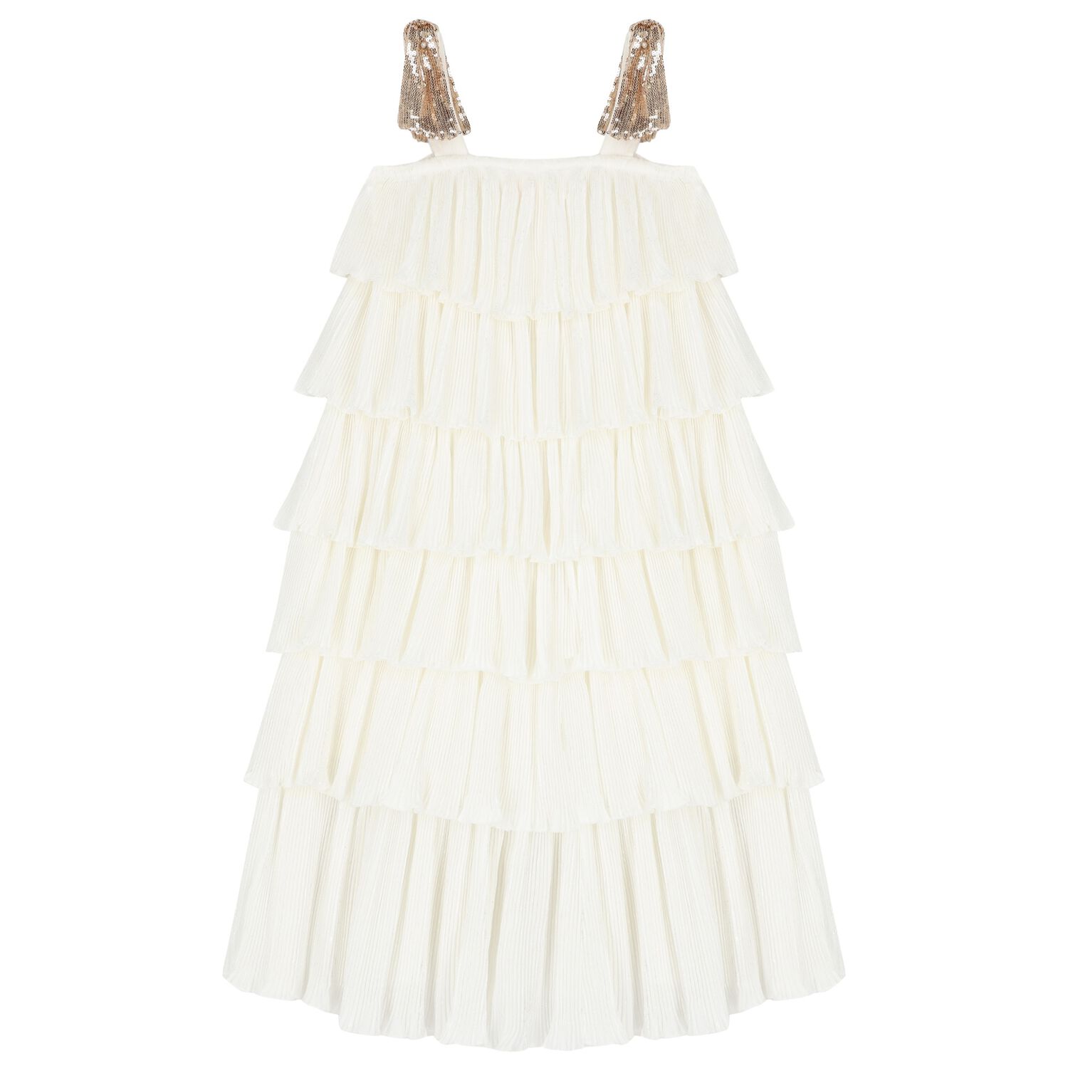 Girls White Tiered Sequin Dress, 1, hi-res