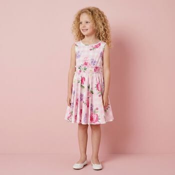 Girls Pink & White Floral Gingham Dress