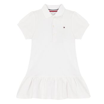 Younger Girls White Flag Embroidered Polo Dress