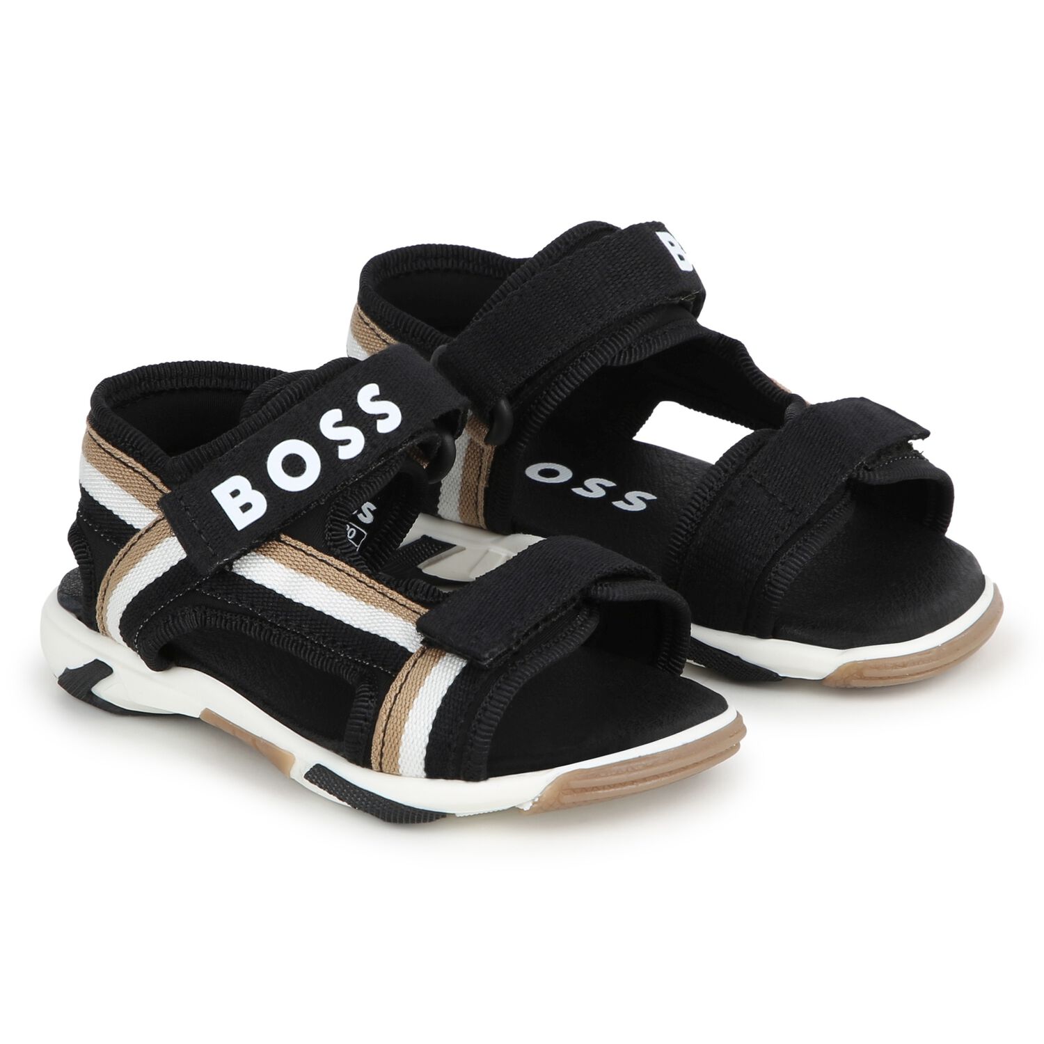 Boys White, Beige & Black Logo Sandals, 1, hi-res