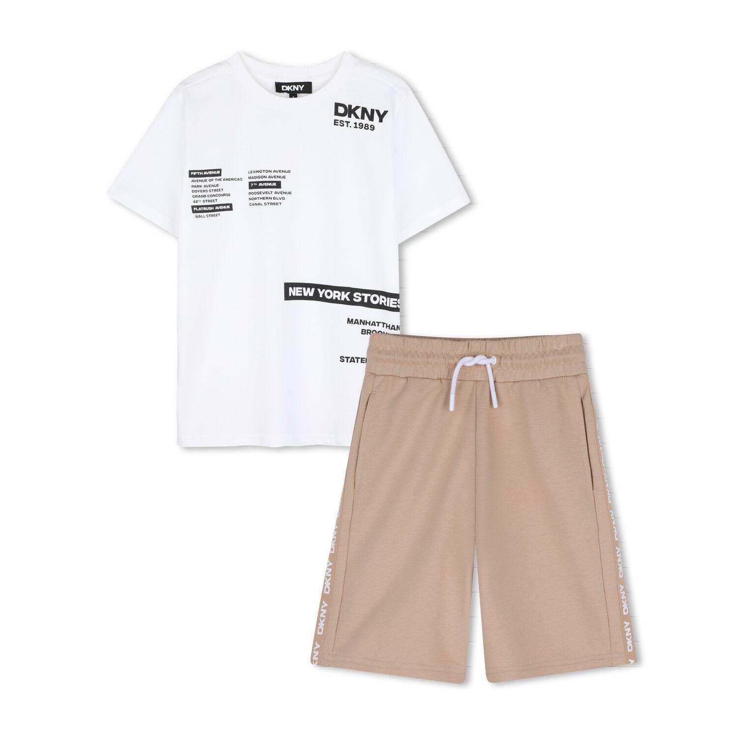 Boys White & Beige Logo Shorts Set, 1, hi-res