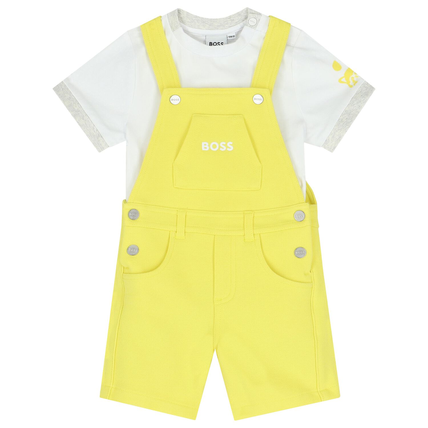Baby Boys White & Yellow Logo Dungaree Set, 1, hi-res