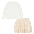 Girls White & Beige Embellished Skirt Set , 1, hi-res