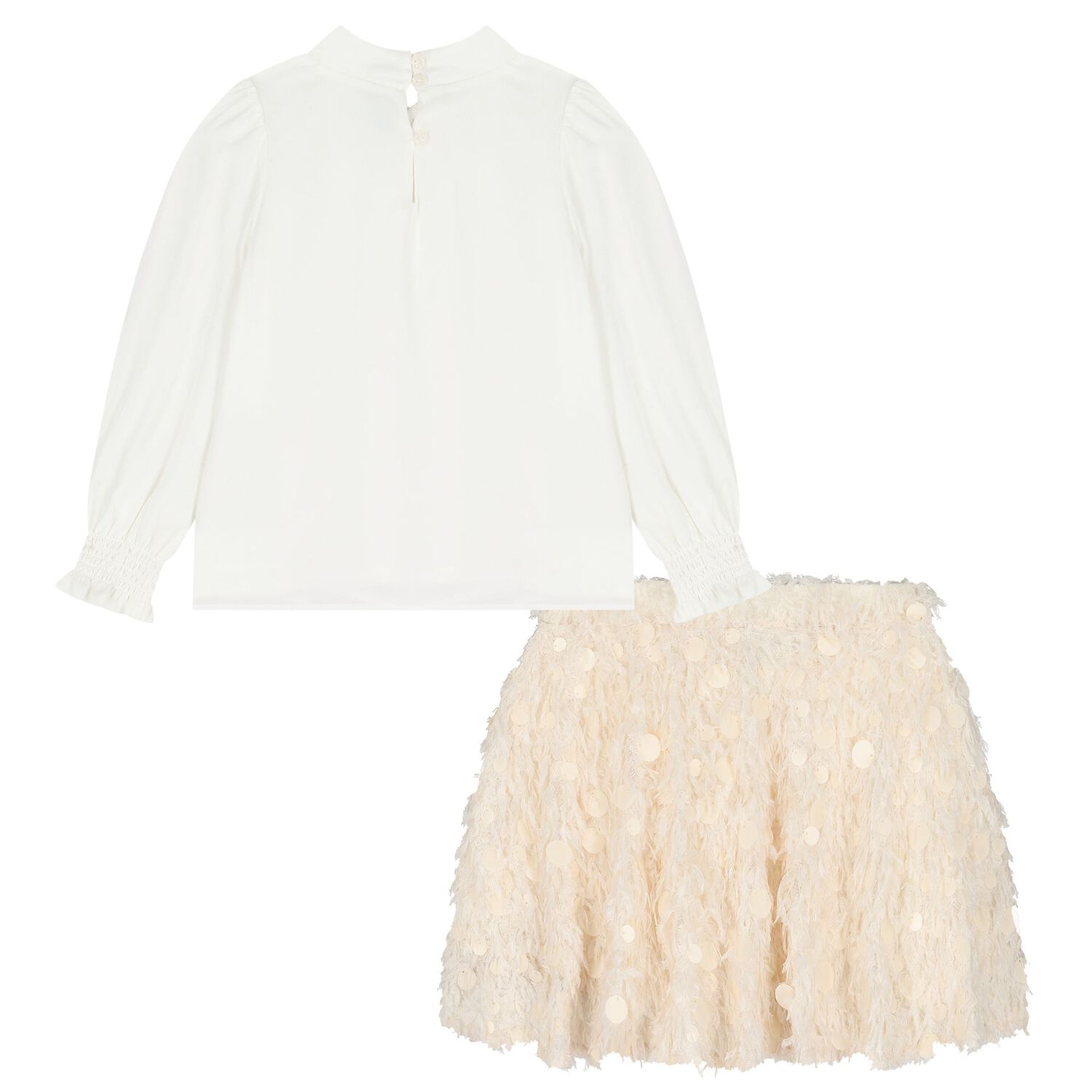 Girls White & Beige Embellished Skirt Set , 1, hi-res