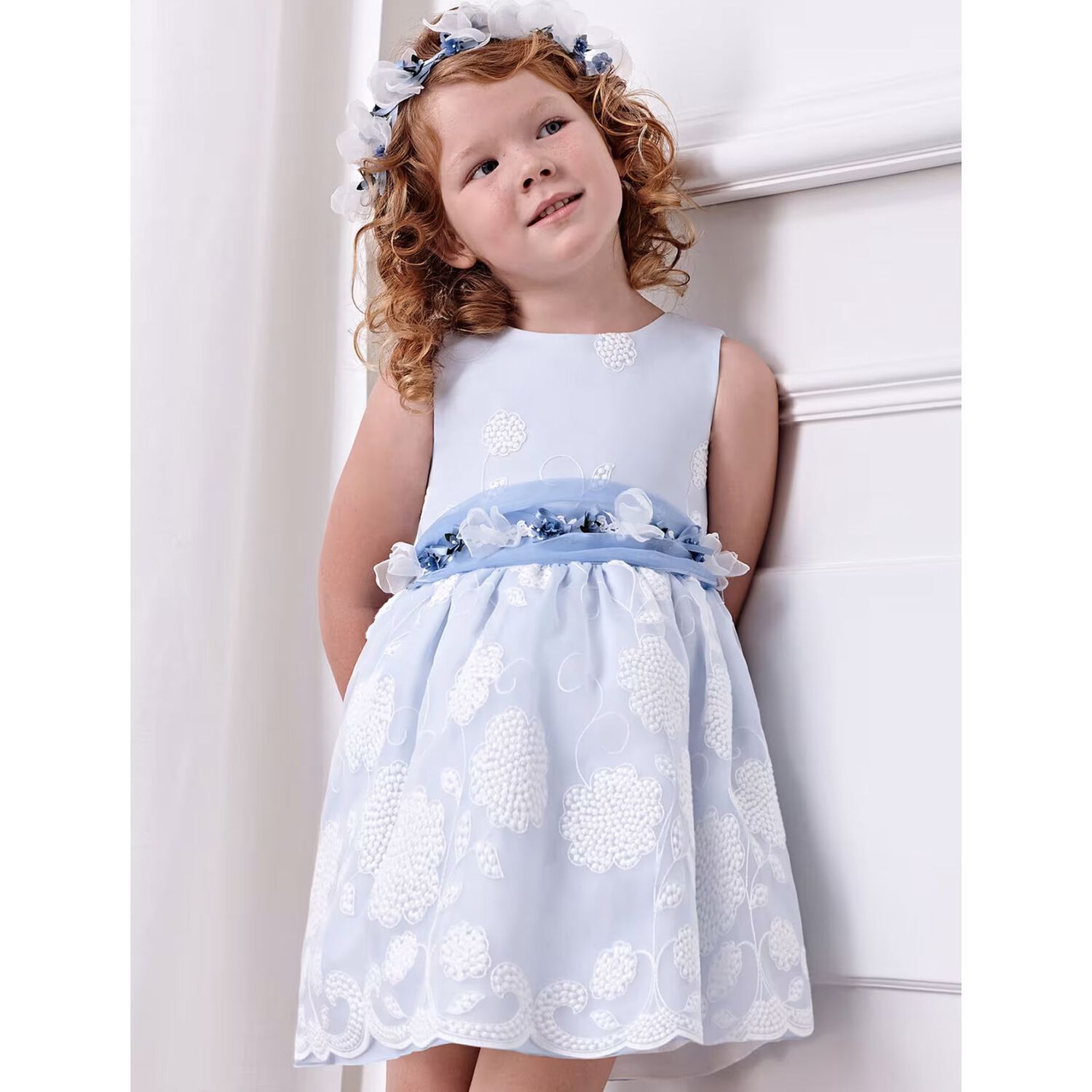 Girls Blue & White Floral Dress, 1, hi-res
