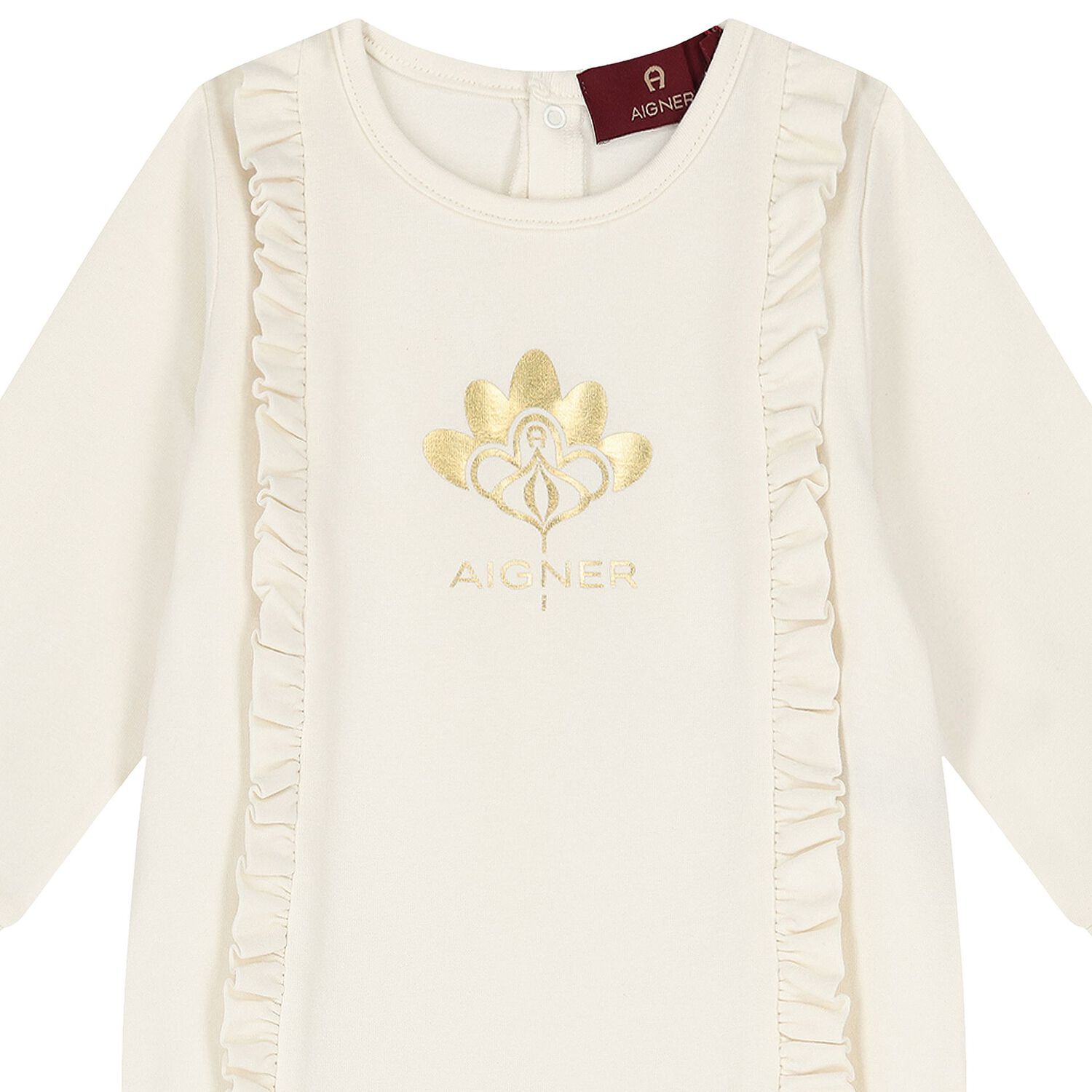 Baby Girls White & Gold Ruffled Babygrow, 1, hi-res