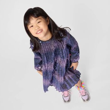 Girls Navy Blue Embellished Pleated Dress
