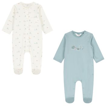 Baby Boys White & Green Train Babygrows ( 2-Pack )