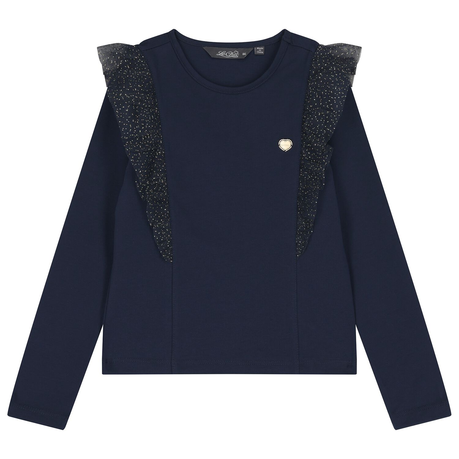 Girls Navy Blue Glittery Tulle Long Sleeve Top, 1, hi-res image number null