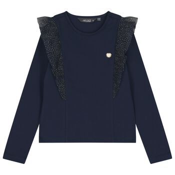Girls Navy Blue Glittery Tulle Long Sleeve Top