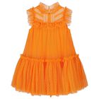 Girls Orange Dotted Tulle Dress, 1, hi-res