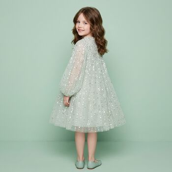 Girls Green Sequin & Star Tulle Cape Dress