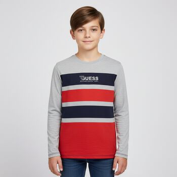 Boys Grey, Navy & Red Logo Long Sleeve Top