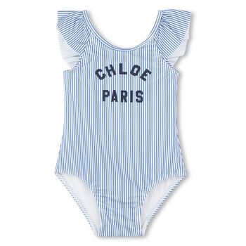 Girls White & Blue Striped Logo Swimsuit
