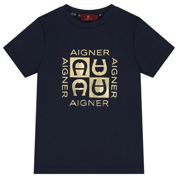 Boys Navy Blue & Gold Logo T-Shirt