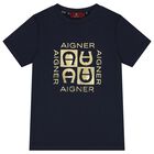 Boys Navy Blue & Gold Logo T-Shirt, 1, hi-res