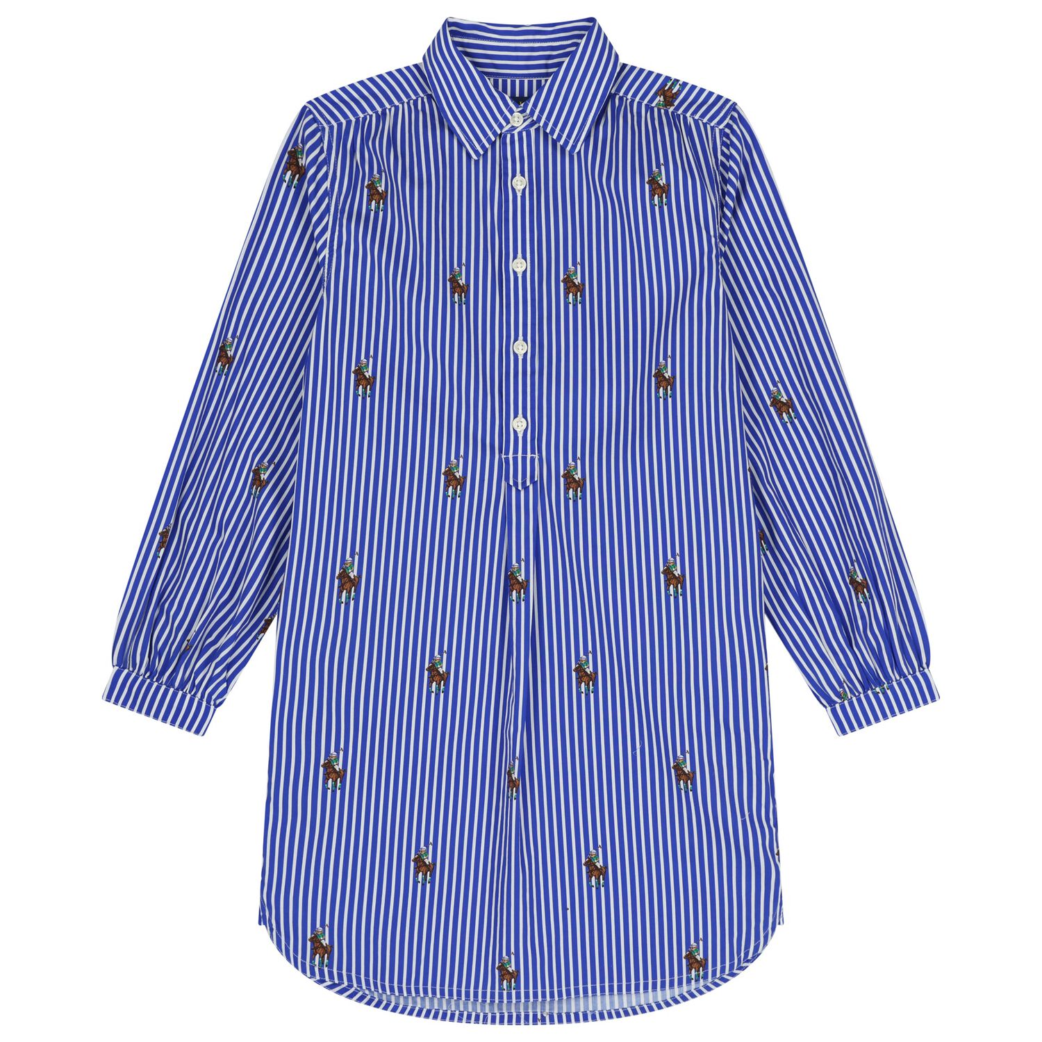 Girls Blue & White Polo Bear Striped Dress, 1, hi-res