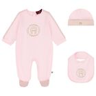 Baby Girls Pink & Gold Logo Babygrow Hat & Bib Gift Set, 1, hi-res