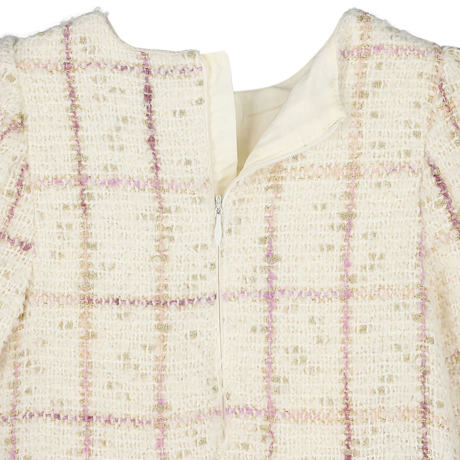 Younger Girls Ivory Plaid Tweed Dress, 1, hi-res