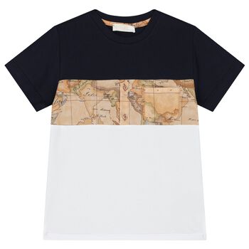 Boys Navy Blue, White & Beige Geo Map T-Shirt